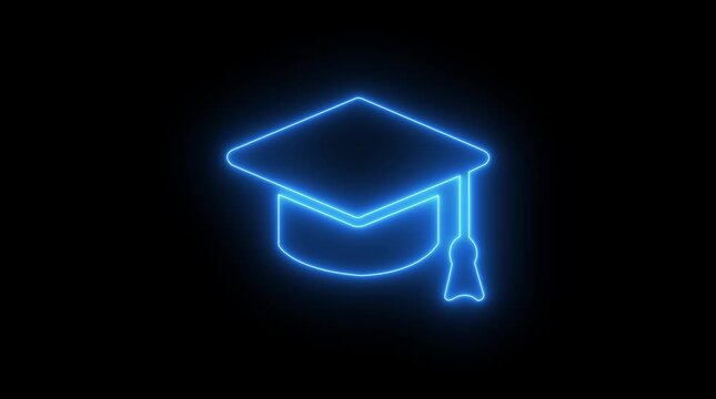 Neon line Graduation cap icon. Glowing neon academic hat, looped slow flashing. Graduation cap icon , line icon animation , Graduation day, graduation cap and diploma line icon black background