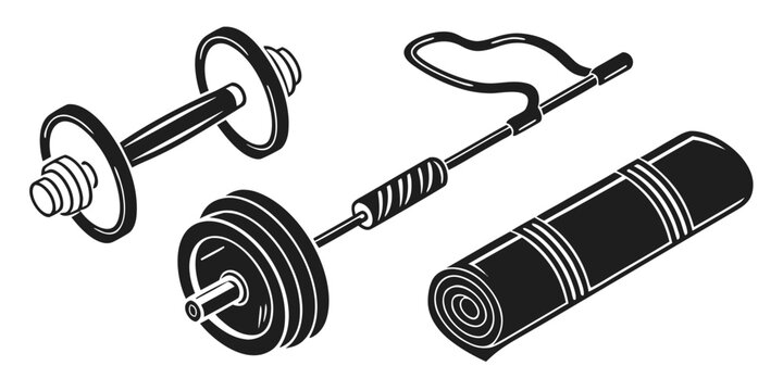 A collection of gym equipment including dumbbells, a barbell, and a jump rope Vector