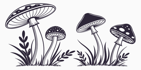 A group of mushrooms growing in a grassy area with a tree trunk in the background. Vector © rabby