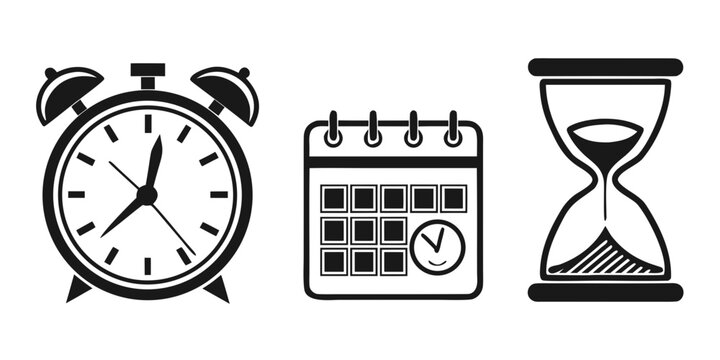 A collection of various timekeeping devices including an alarm clock, wristwatch, calendar, and hourglass Vector