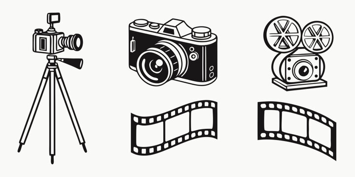 A collection of vintage cameras and film reels showcasing the evolution of photography Vector
