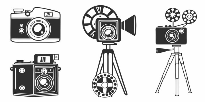 A collection of vintage cameras and film equipment in black and white Vector