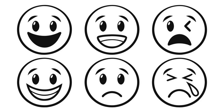 A collection of six different facial expressions depicted as simple, black and white smiley faces Vector