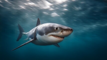 Obraz premium Majestic great white shark swims gracefully through clear blue ocean waters with sunlight filtering from above