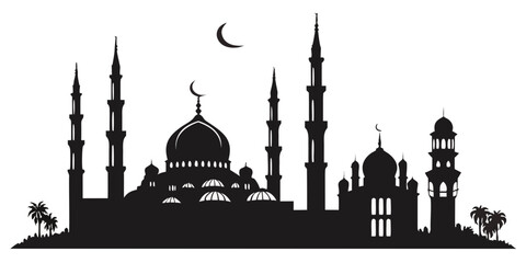 Silhouette of a majestic mosque with minarets under a crescent moon Vector © rabby
