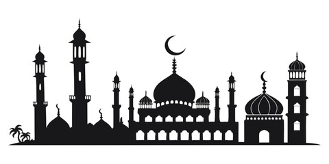 Silhouette of a mosque with minarets and a crescent moon Vector © rabby