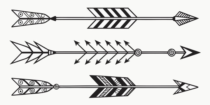 A collection of arrows with various feather fletching designs and arrowhead styles Vector