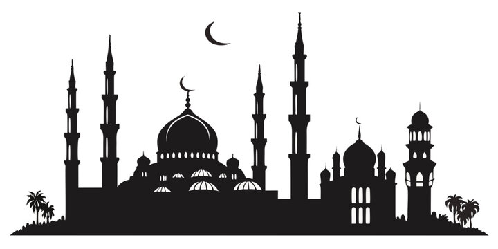 Silhouette of a majestic mosque with minarets under a crescent moon Vector