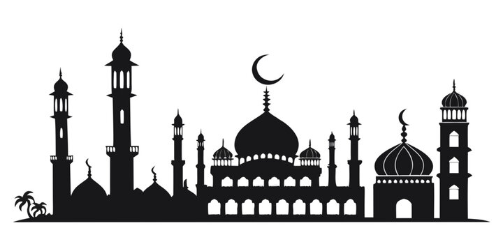 Silhouette of a mosque with minarets and a crescent moon Vector