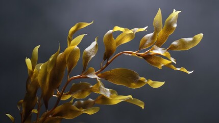 A close up view of brown wavy seaweed branches swaying gently against a dark atmospheric background