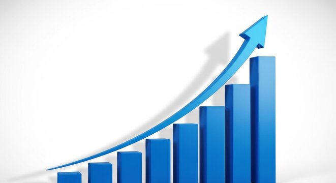 Blue business graph showing upward trend with arrow on white background