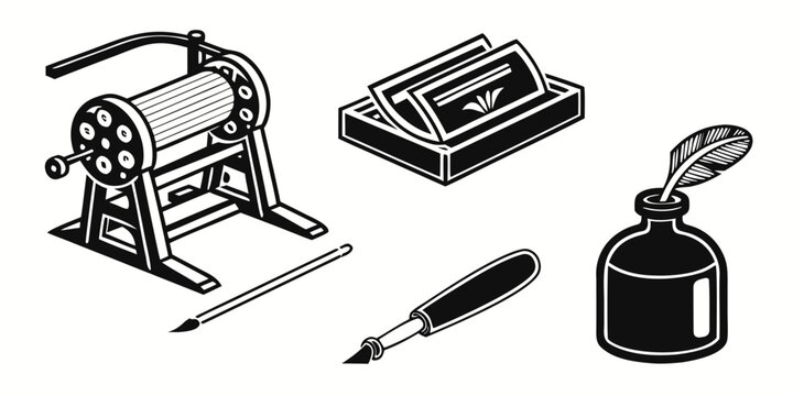 Vintage writing tools including a typewriter, fountain pen, and inkwell Vector