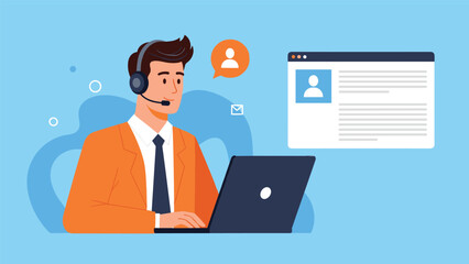 Professional male call center agent wearing a headset communicates with customers while working on a laptop in a modern office setting.