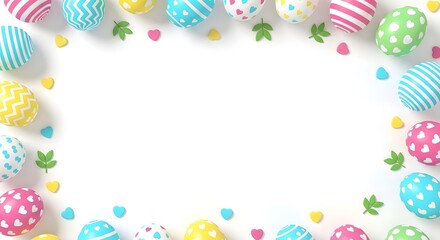 Colorful easter eggs and hearts border frame isolated on white background for spring holiday decoration