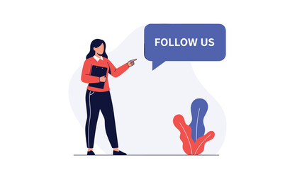 Confident professional woman points towards a blue speech bubble with the text follow us for social media marketing and engagement.
