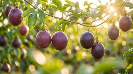 Plusieurs fruits de la passion violets m&ucirc;rs suspendus &agrave; une liane dans un verger ensoleill&eacute; avec une lumi&egrave;re naturelle &agrave; contre-jour et un arri&egrave;re-plan flou