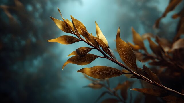 Close up of golden brown kelp fronds swaying gently in a vibrant blue underwater environment
