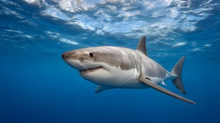 Fototapeta premium A majestic great white shark glides through clear blue ocean water its powerful form captured in an underwater scene with light from the surface