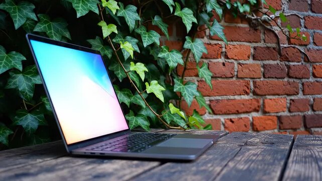 A laptop rests on a wooden table beside a brick wall. The laptop's screen glows with light, surrounded by green ivy climbing the brick wall.