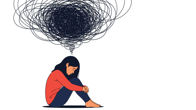 Sad and depressed young woman sits on the floor with her head down under a large messy scribble cloud representing mental health issues.