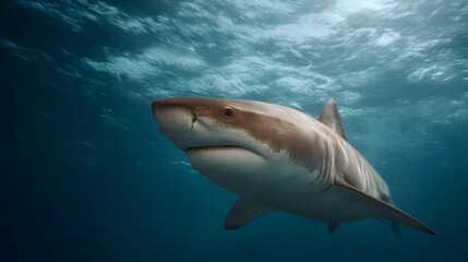 Fototapeta premium Majestic shark glides through the deep blue ocean with sunlight filtering from the surface above