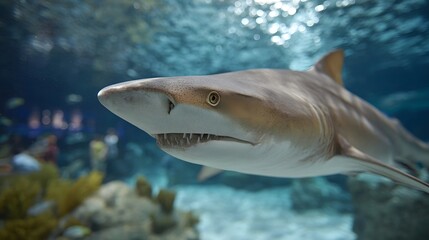A detailed close up of a sand tiger shark s head and mouth showing sharp teeth swimming in a bright aquarium with blurred background elements