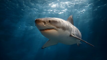 Naklejka premium A powerful great white shark swims in the deep blue ocean illuminated by sun rays filtering from above