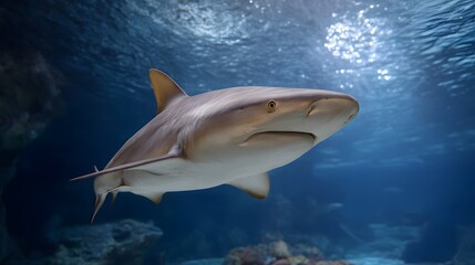 Fototapeta premium A striking shark glides through the clear blue ocean depths illuminated by sunlight from above