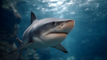 Obraz premium A powerful gray shark glides through the deep blue ocean water