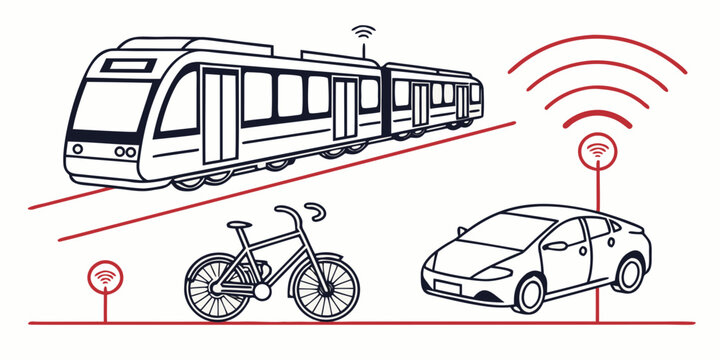 Illustration of a bus, car, and truck communicating wirelessly with each other Vector