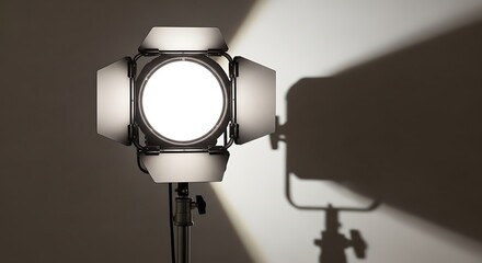A studio light fixture casting a beam of light on a dark background.