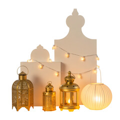 Golden Lanterns and Lights on White Decor isolated on a transparent background