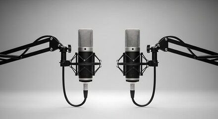 A pair of microphones positioned symmetrically on stands against a gradient background.