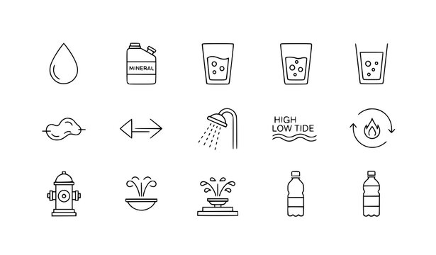 Water utility and plumbing outline icons drop tide shower vector set