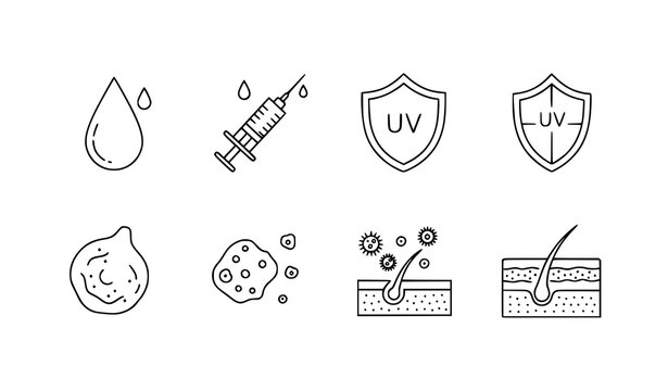 Skin care moisture injection protection line icon set acne UV vector