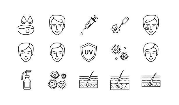 Facial care treatment outline icon set skin acne moisture UV vector
