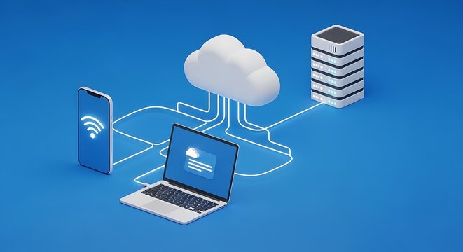 Cloud computing devices connected to a server and database.