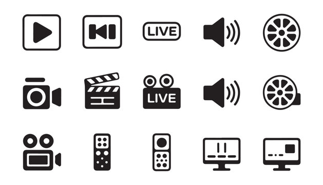 Set of multimedia icons for playback control live streaming sound recording and broadcasting equipment