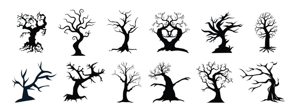Collection of spooky bare tree silhouettes in a vector illustration style