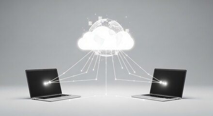 Cloud computing concept with two laptops connected to a glowing globe and data stream