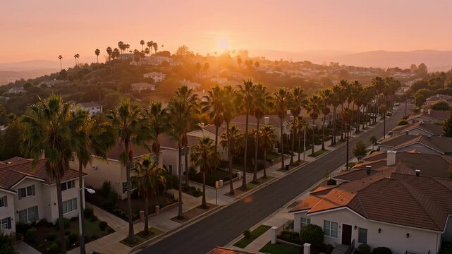 Aerial view of southern california neighborhood with palm trees during a vibrant sunset