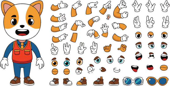 Cute Dog Character Construction Kit - DIY Cartoon Mascot with Various Hand Gestures, Eyes, Mouths, and Accessories