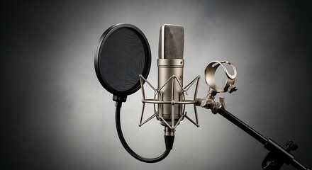 Silver condenser microphone with pop filter and shock mount on a grey gradient background