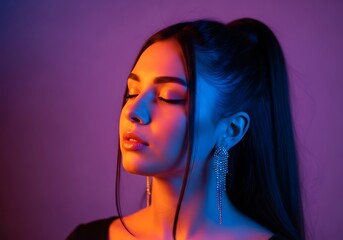 Glamorous woman with closed eyes illuminated by colorful neon blue and orange lights