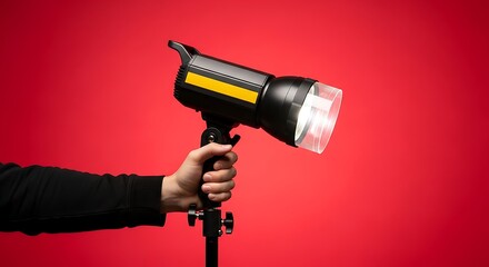 Hand holding a portable photography flash light against a bright red background
