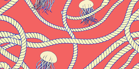 Ropes and jellyfish pattern against a vibrant coral background © Ankan