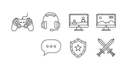 Gaming Icons Set: Controller, Headset, Monitor, Chat, Shield, Swords © renata