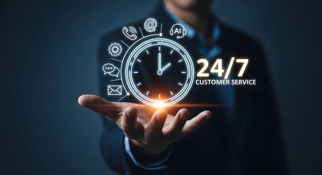 A man holding a glowing 24 7 clock in his hand