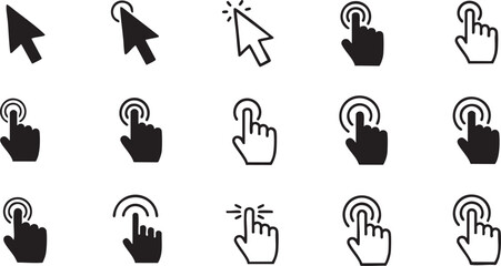 Mouse Cursor and Touch Screen Hand Gesture Icon Set - Minimalist Click, Pointer, and Interactive Finger Pointers for Web and App UI