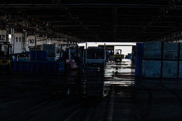 静岡県焼津市の小川漁港にある魚市場内部に差し込む光とフォークリフトのシルエット
